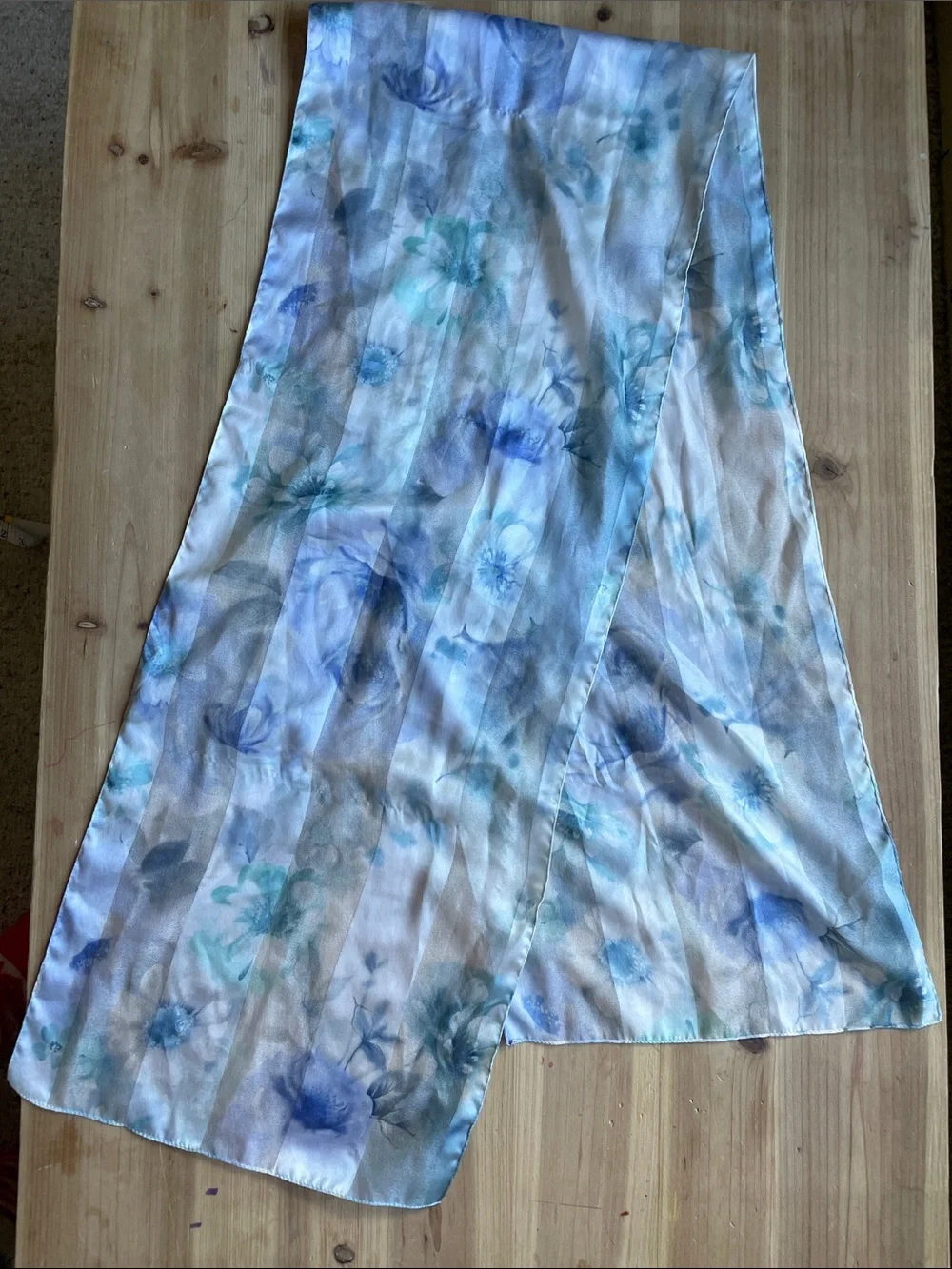 Lightweight Floral Silk Scarf in Blue & White
